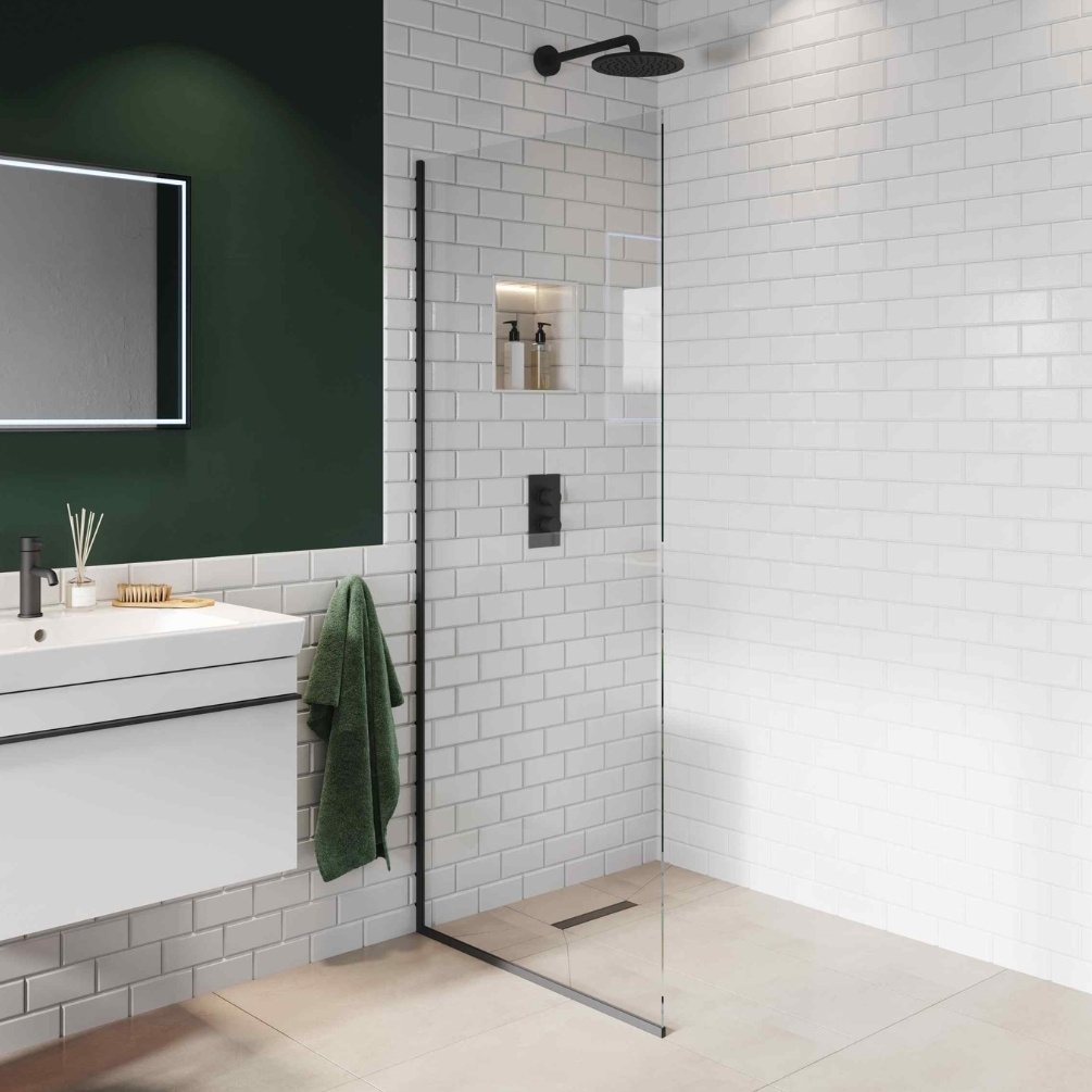 Product Lifestyle image of the Abacus Matt Black 835mm Fixed 10mm Wet Room Screen